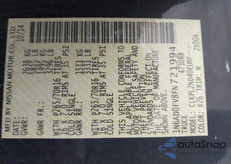 2015 Nissan Frontier Sv z USA, uszkodzony, nr VIN 1N6AD0FV8FN721994